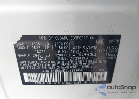 2018 Subaru Outback 2.5I Limited z USA, uszkodzony, nr VIN 4S4BSANC7J3323050